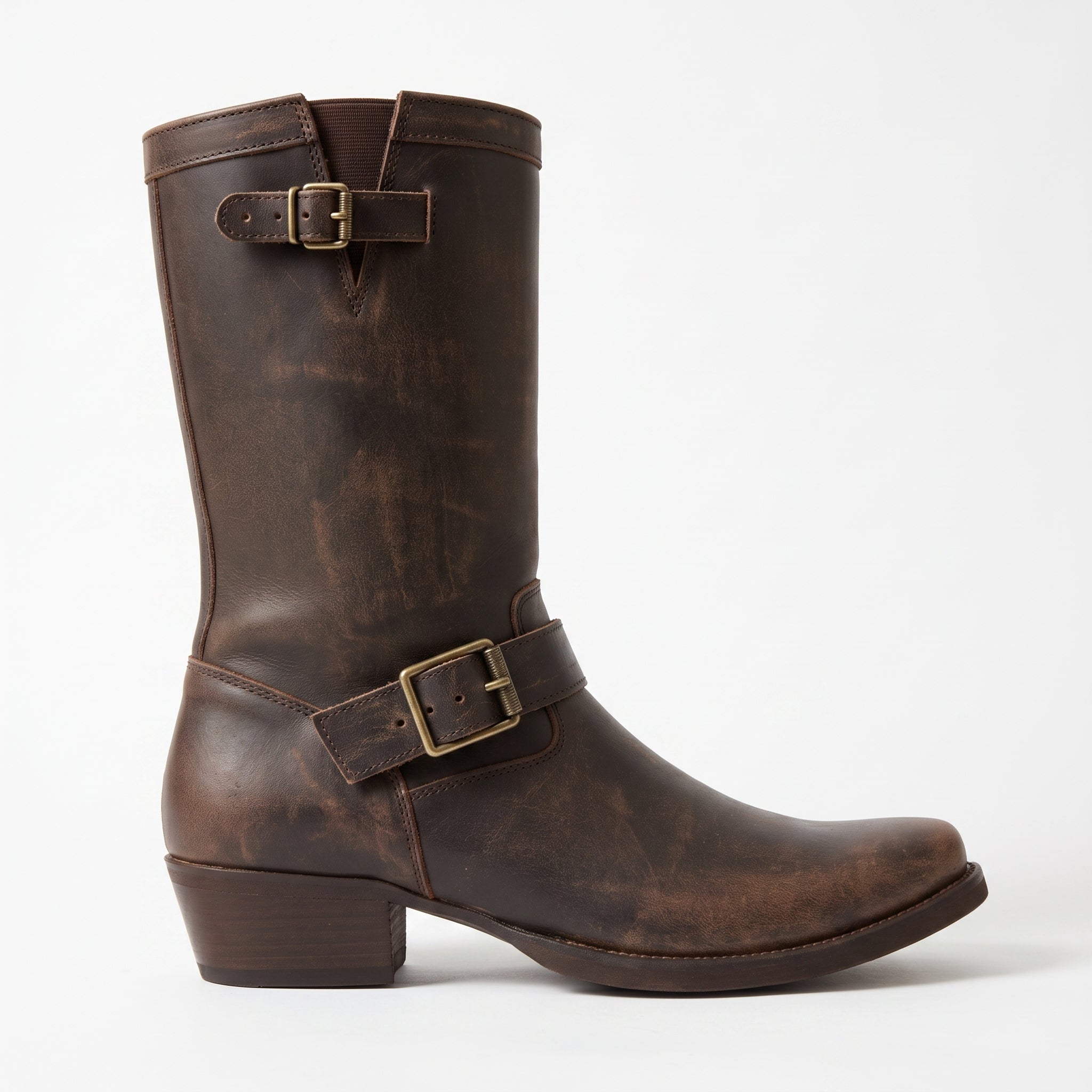 Men's Dark Brown Plain-Toe Leather Biker Boots — Aylesham