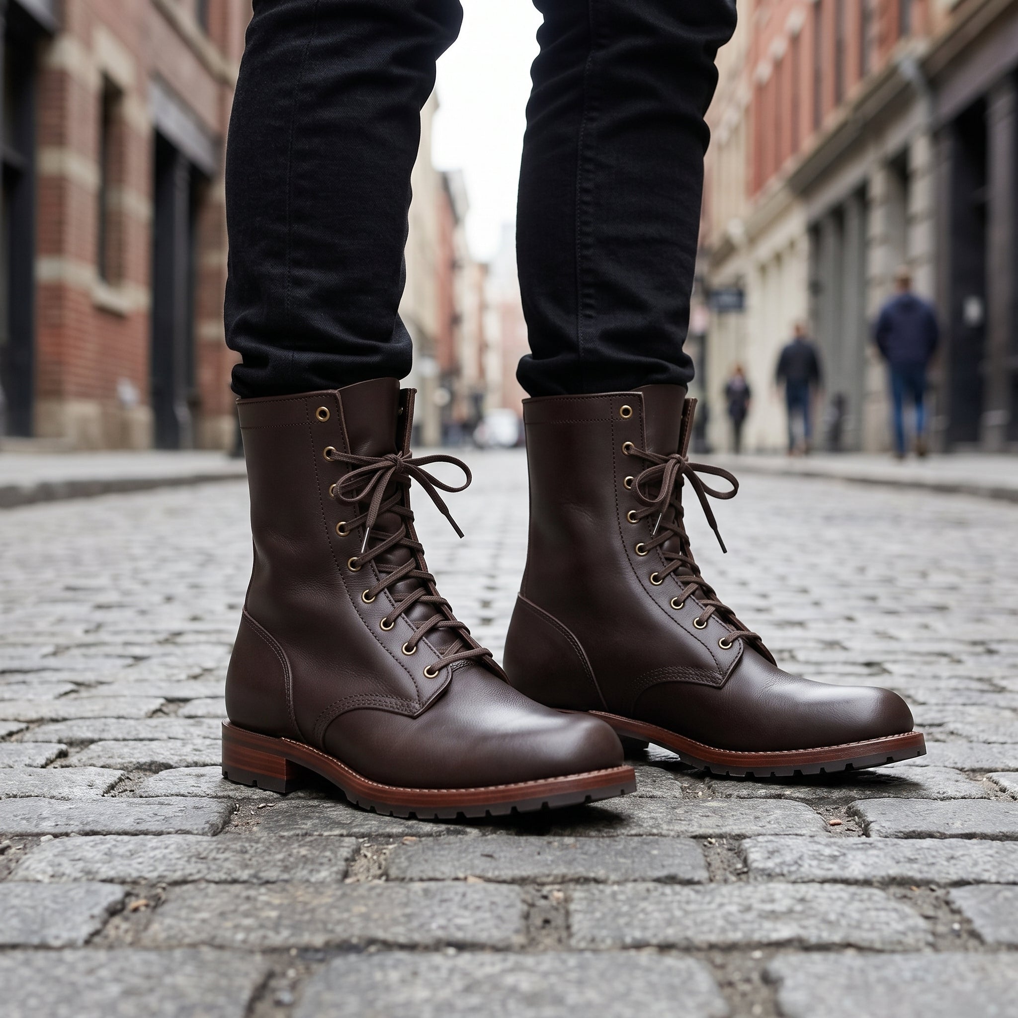 Men's Dark Brown Plain-Toe Leather Lace-Up Ankle Combat Boots — Bickham