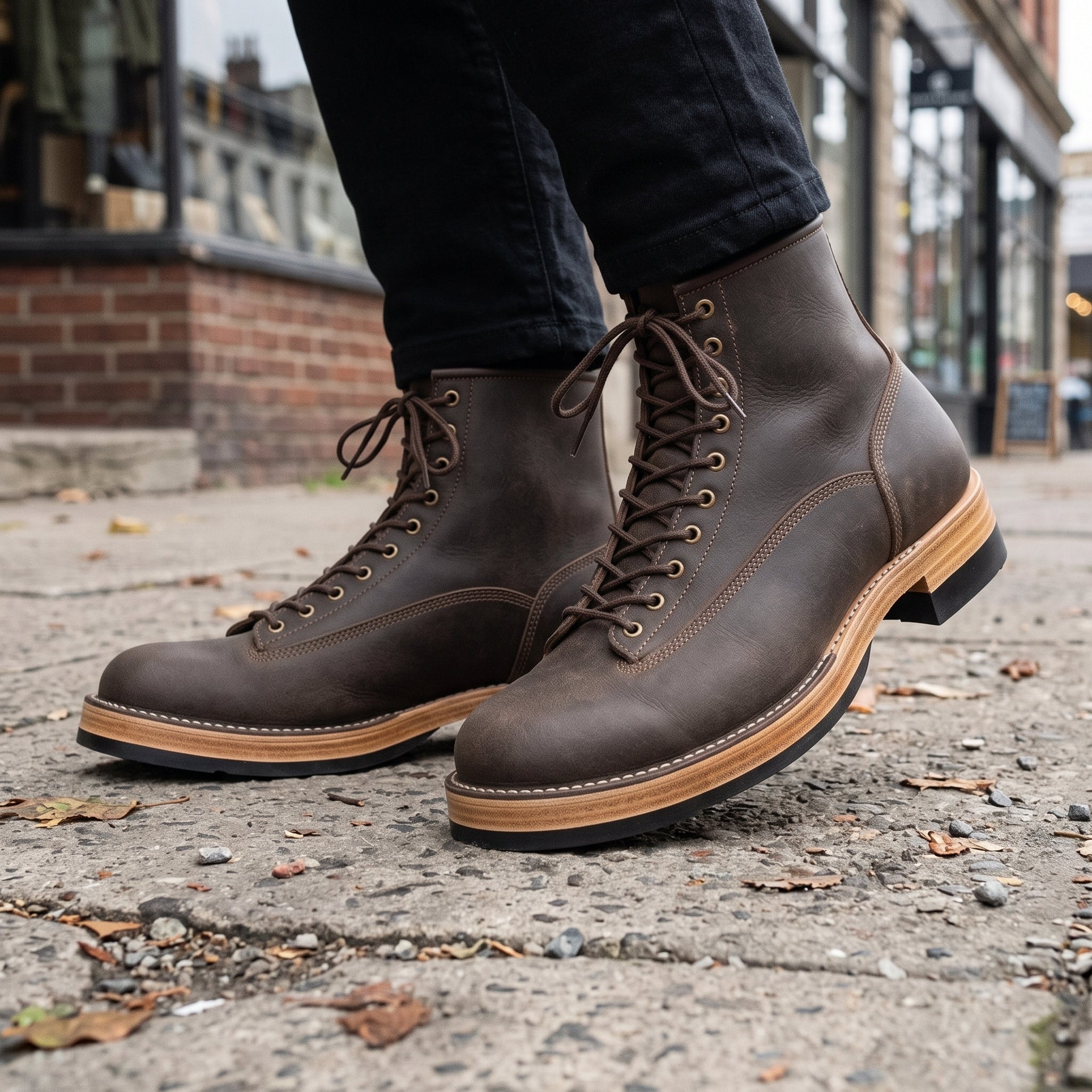 Men's Dark Brown Plain-Toe Leather Lace-Up Boots — Sumner
