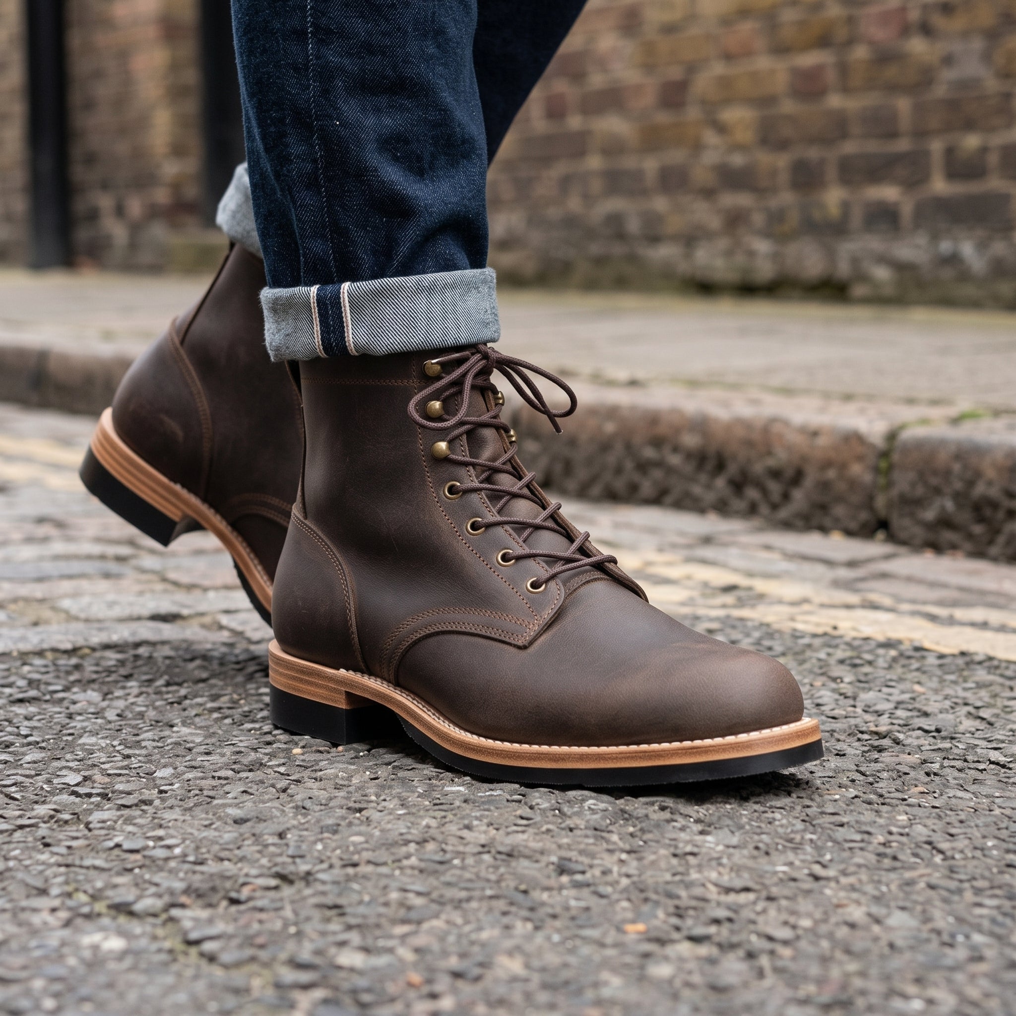 Men's Dark Brown Plain-Toe Leather Service Boots — Fisher