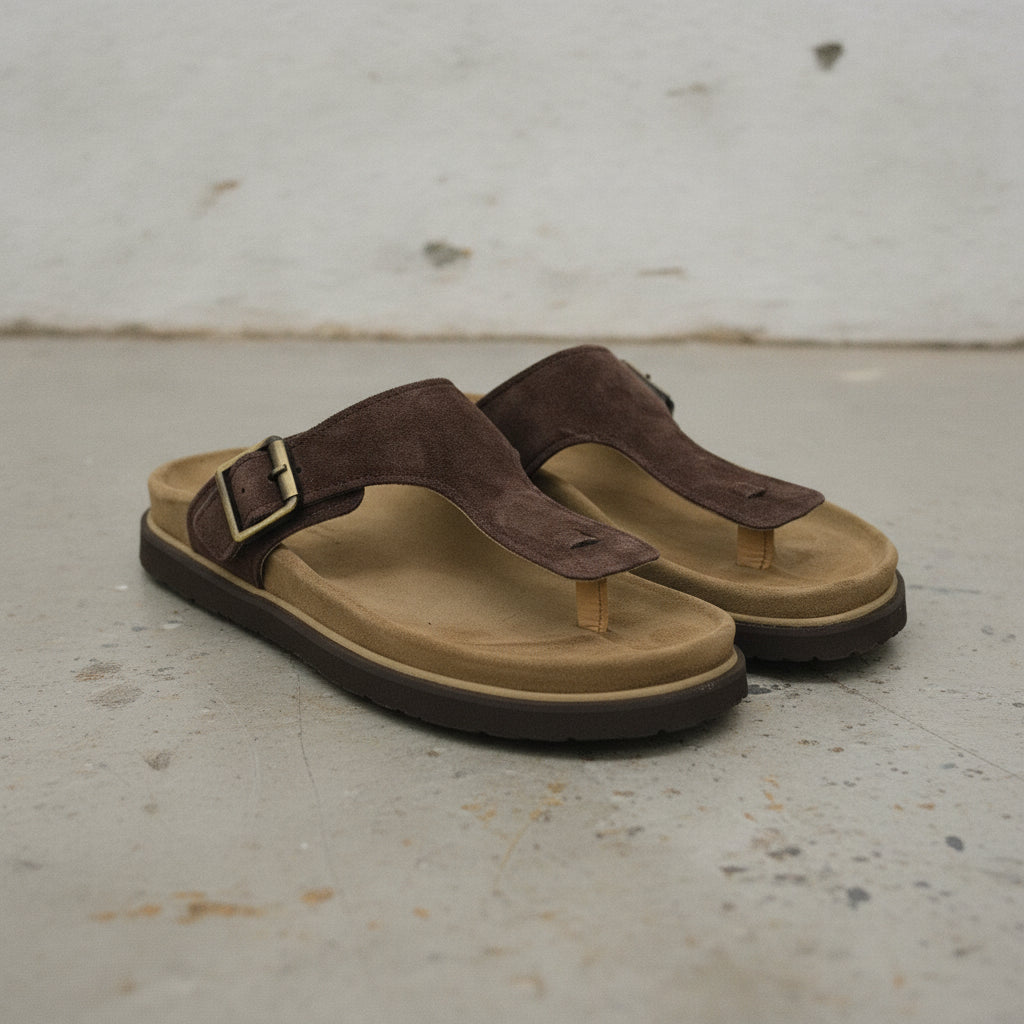 Men's Dark Brown Suede T-Strap Sandals — Eastmere