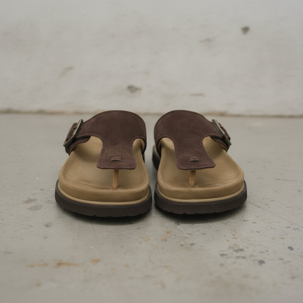 Men's Dark Brown Suede T-Strap Sandals — Eastmere