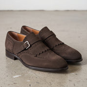 Men's Dark Brown Plain-Toe Suede Monk Strap Dress Shoes — Alveley