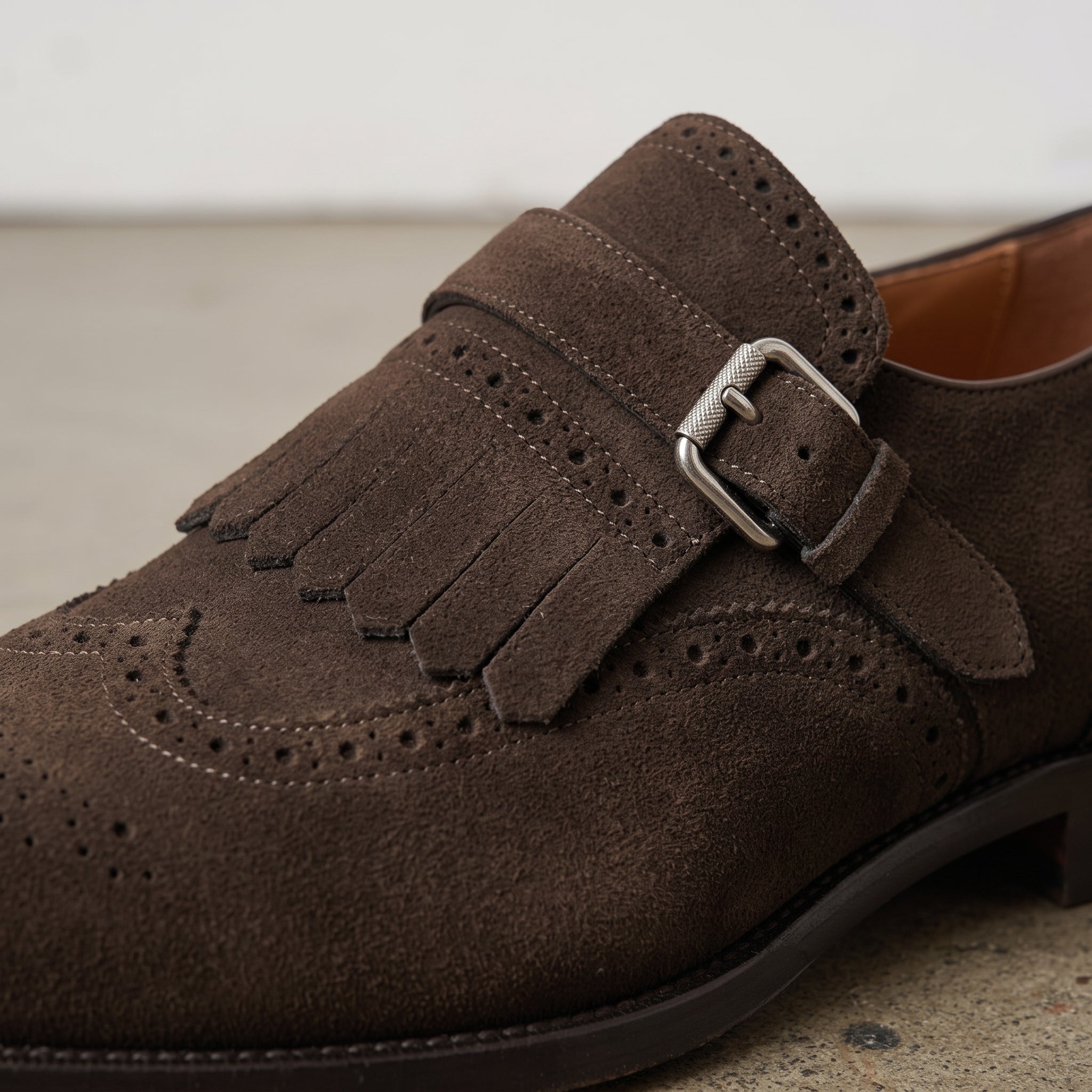 Men's Dark Brown Plain-Toe Suede Monk Strap Dress Shoes — Alveley
