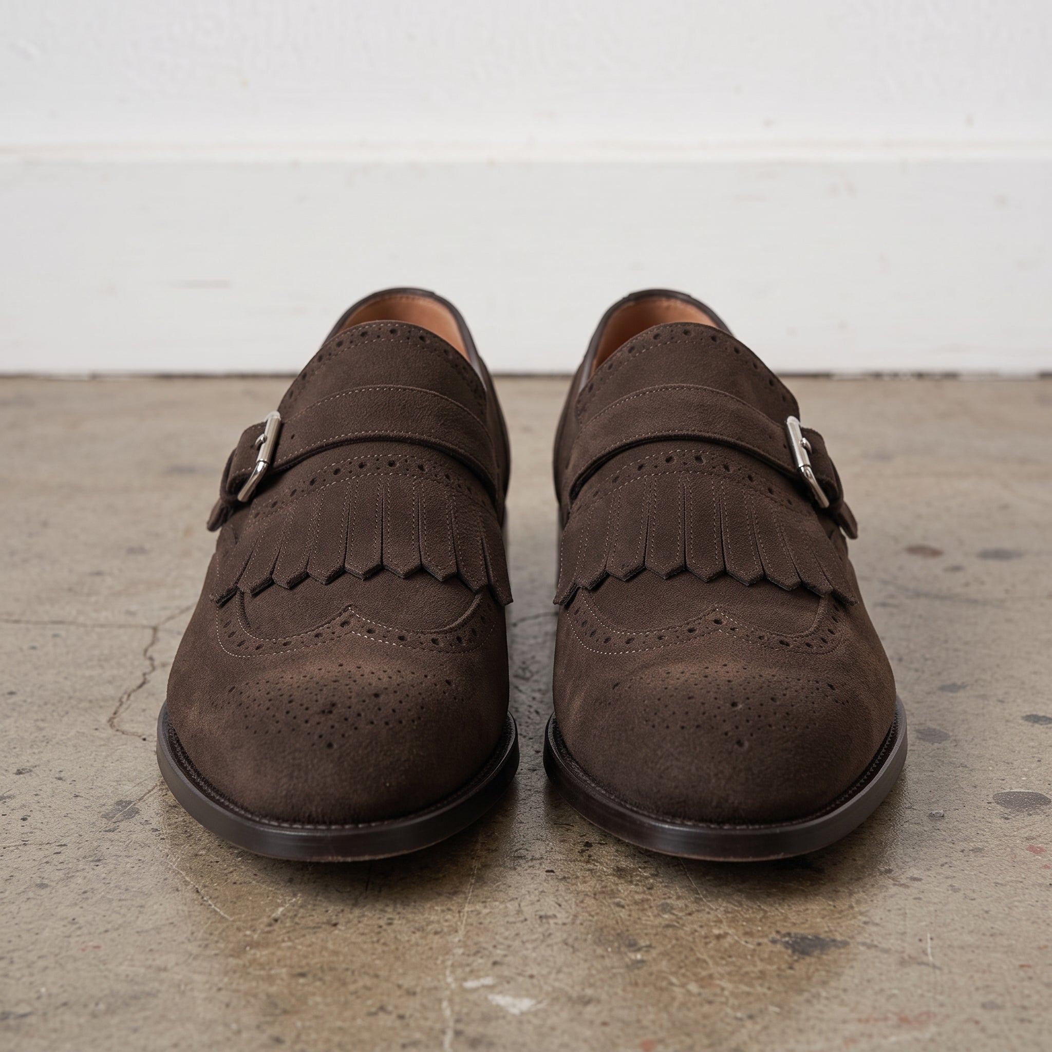 Men's Dark Brown Plain-Toe Suede Monk Strap Dress Shoes — Alveley