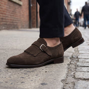 Men's Dark Brown Plain-Toe Suede Monk Strap Dress Shoes — Alveley