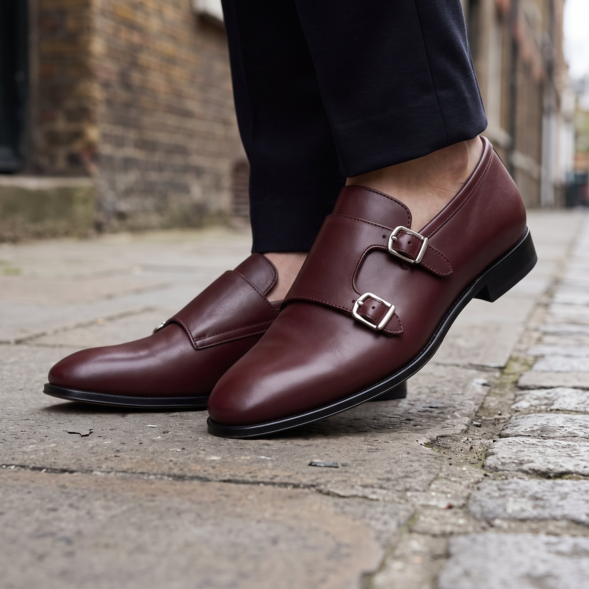 Men's Dark Burgundy Plain-Toe Leather Monk Strap Shoes — Bindon