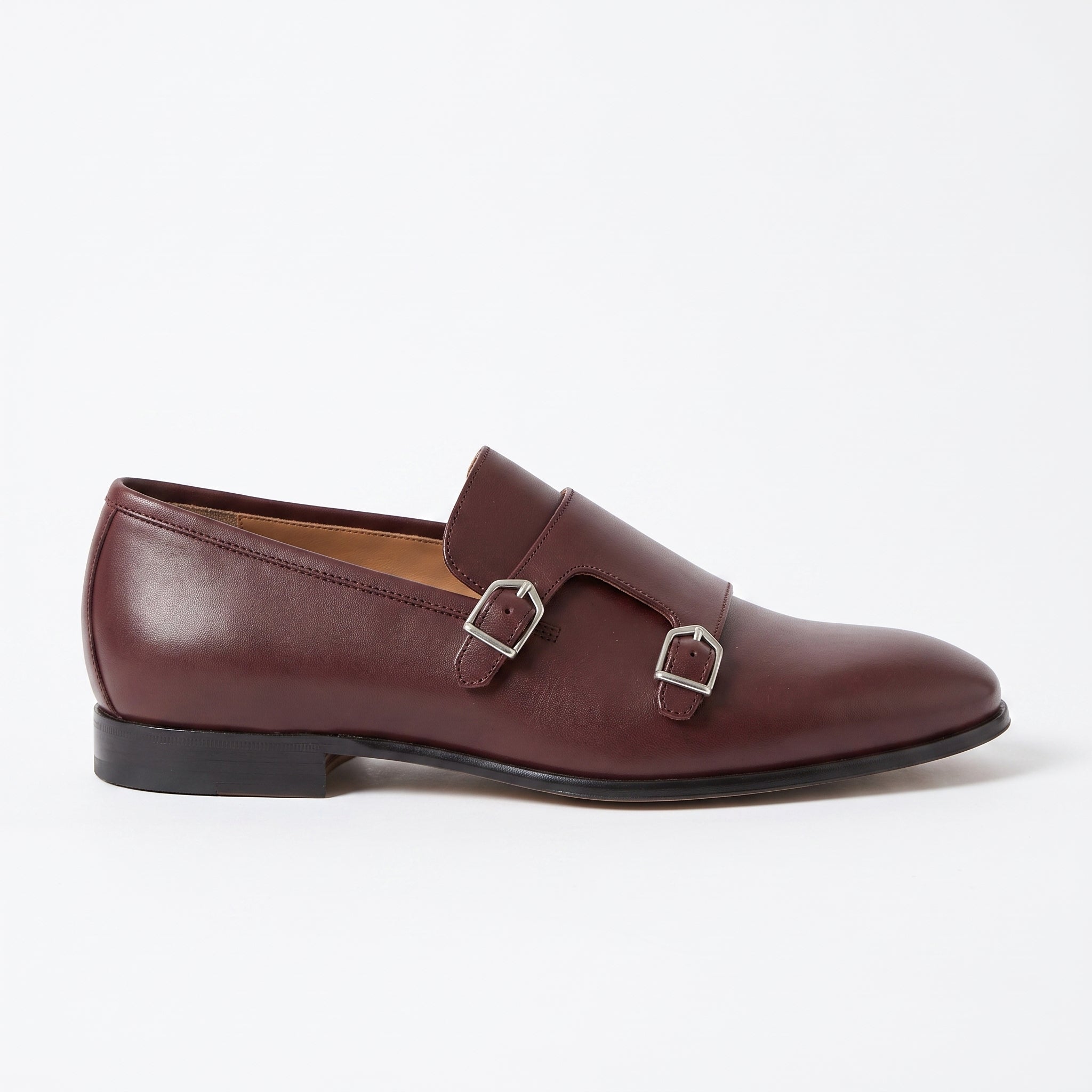 Men's Dark Burgundy Plain-Toe Leather Monk Strap Shoes — Bindon