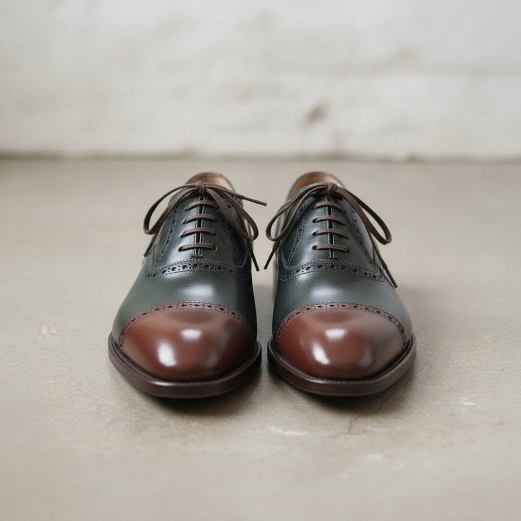 Men's Dark Green and Brown Cap-Toe Leather Oxfords — Bunting — Bunting