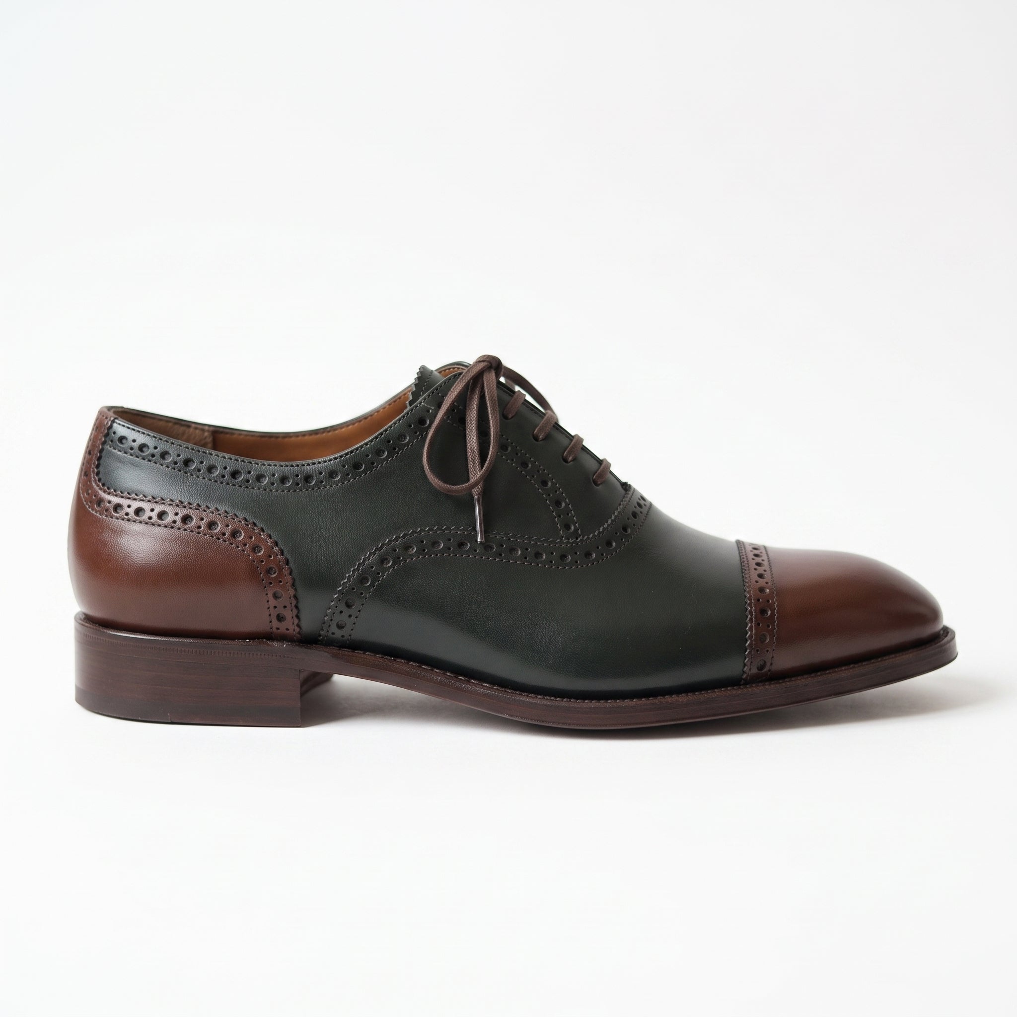 Men's Dark Green and Brown Cap-Toe Leather Oxfords — Bunting — Bunting
