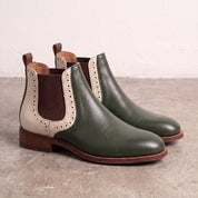 Men's Dark Green and Cream Two-Tone Leather Chelsea Boots — Balby