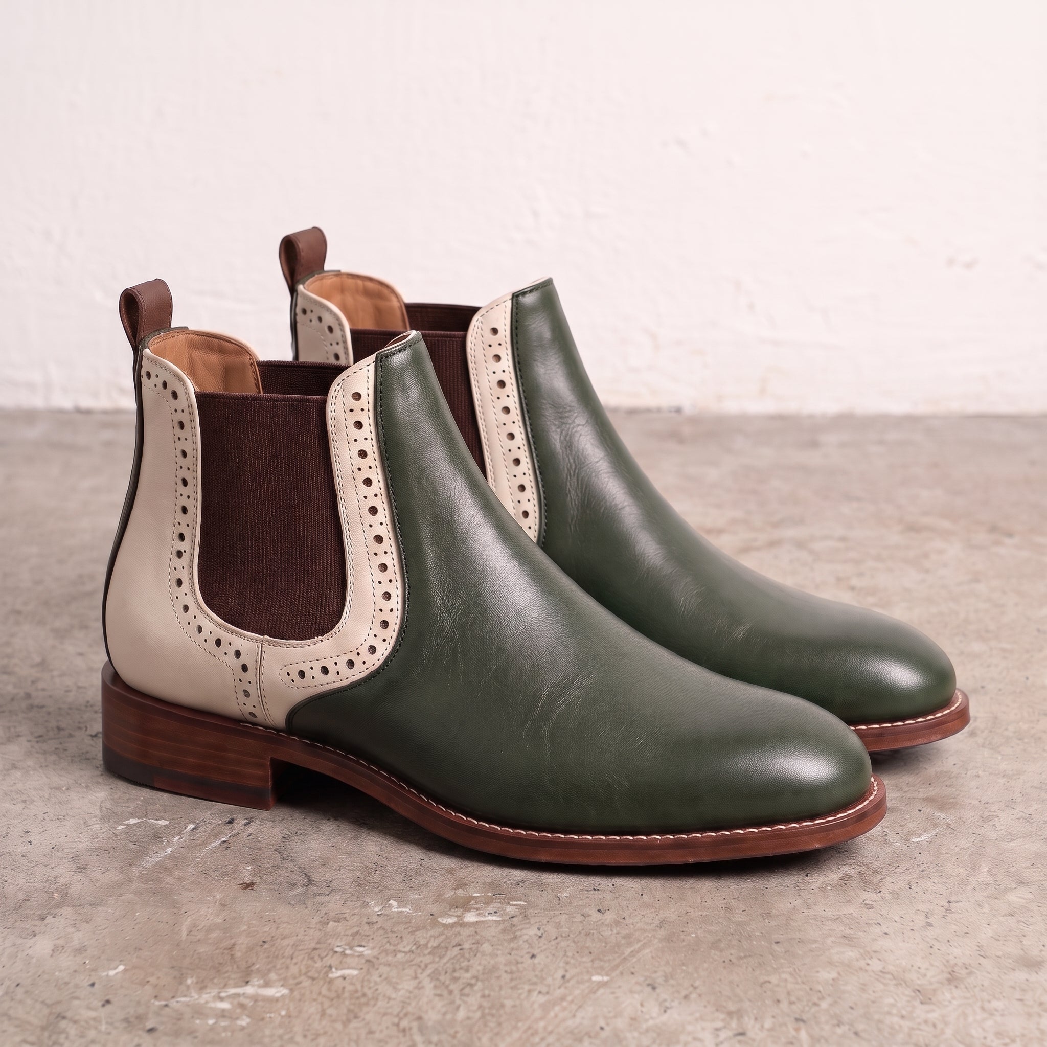 Men's Dark Green and Cream Two-Tone Leather Chelsea Boots — Balby
