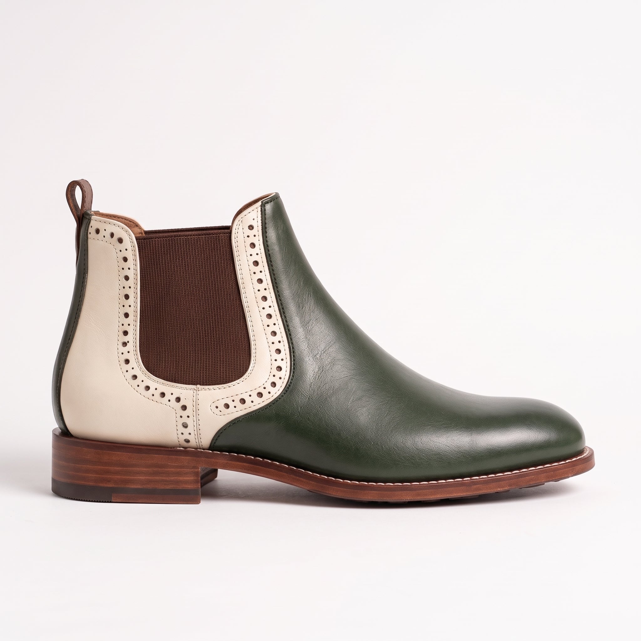 Men's Dark Green and Cream Two-Tone Leather Chelsea Boots — Balby