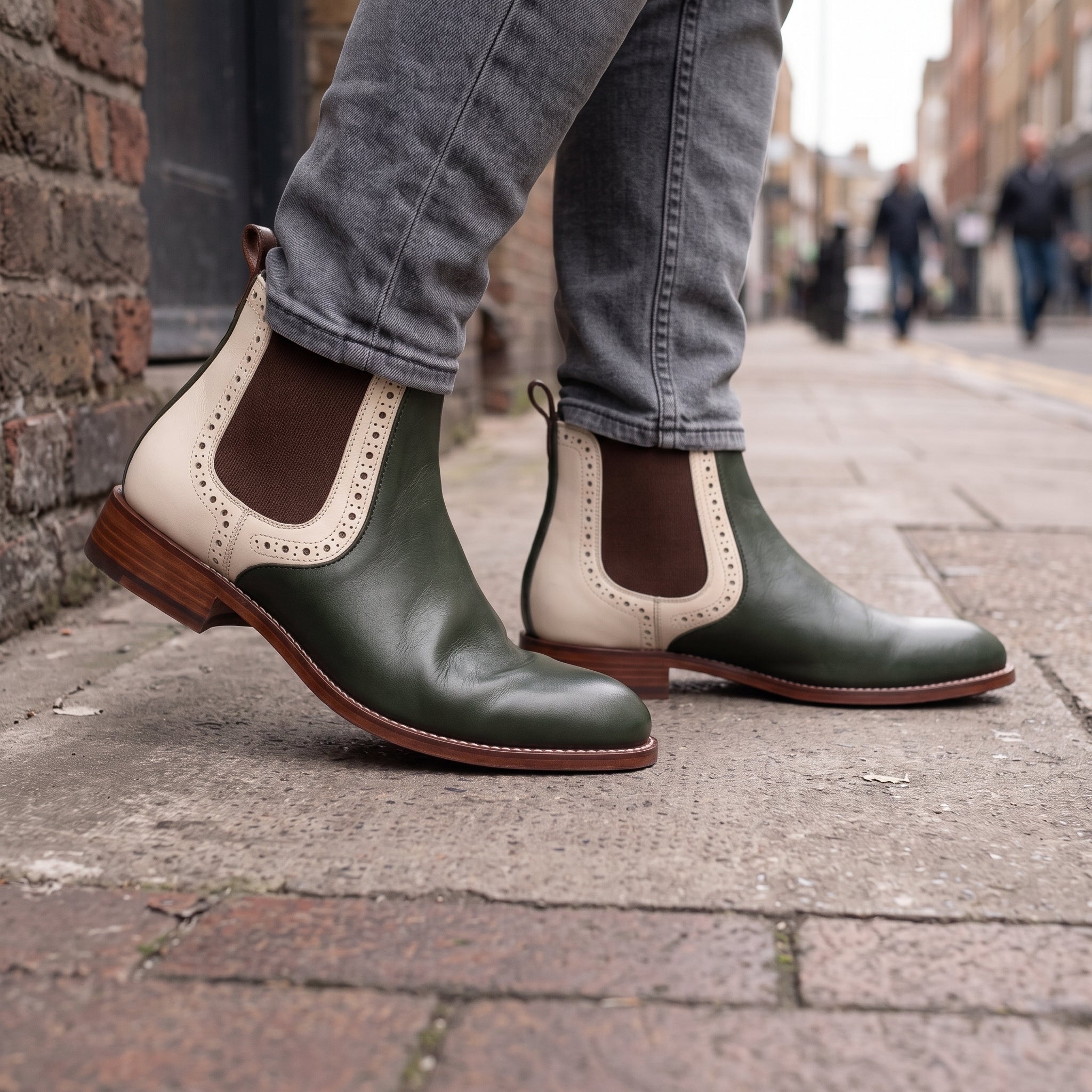 Men's Dark Green and Cream Two-Tone Leather Chelsea Boots — Balby