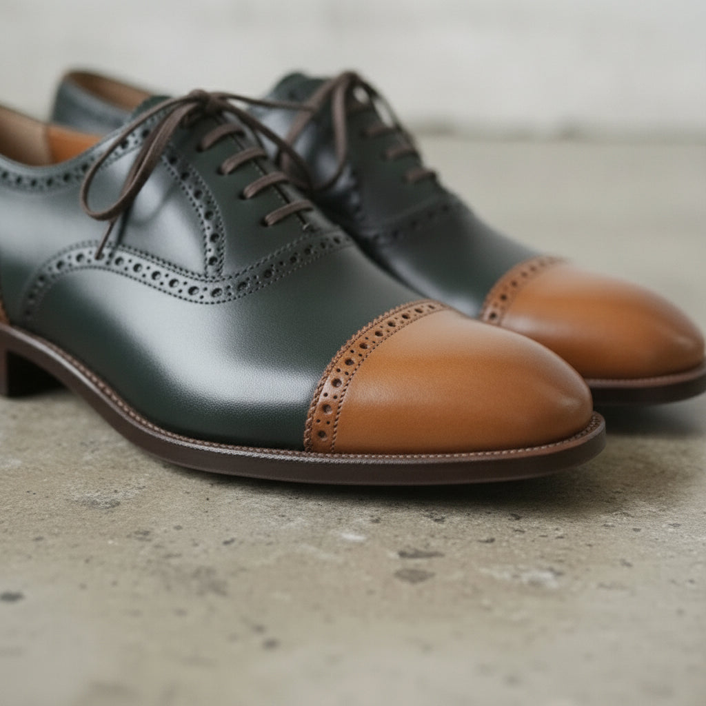 Men's Dark Green and Tan Cap-Toe Leather Oxfords — Bunting