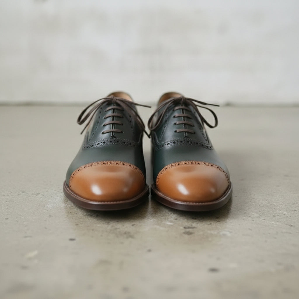 Men's Dark Green and Tan Cap-Toe Leather Oxfords — Bunting