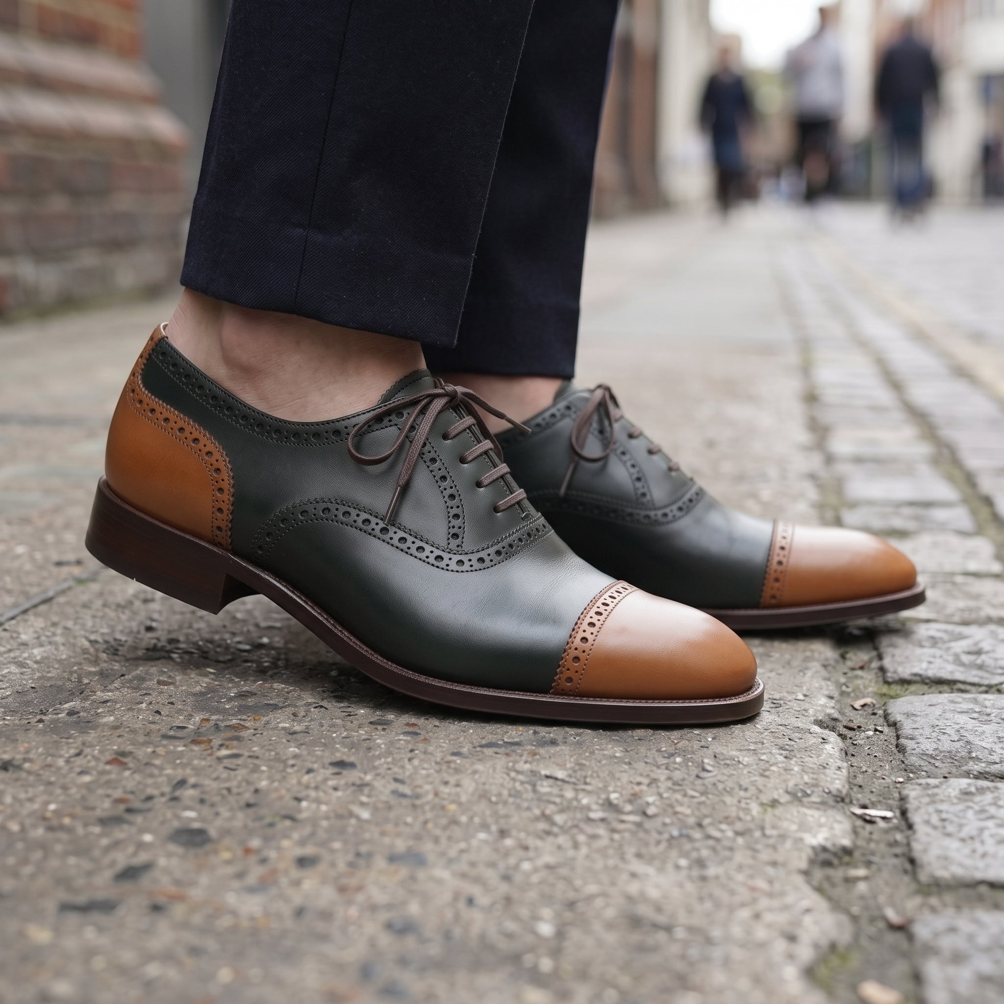 Men's Dark Green and Tan Cap-Toe Leather Oxfords — Bunting