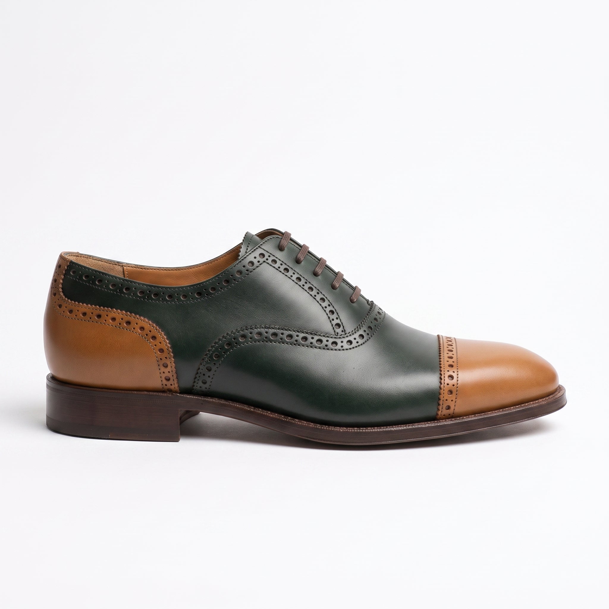 Men's Dark Green and Tan Cap-Toe Leather Oxfords — Bunting