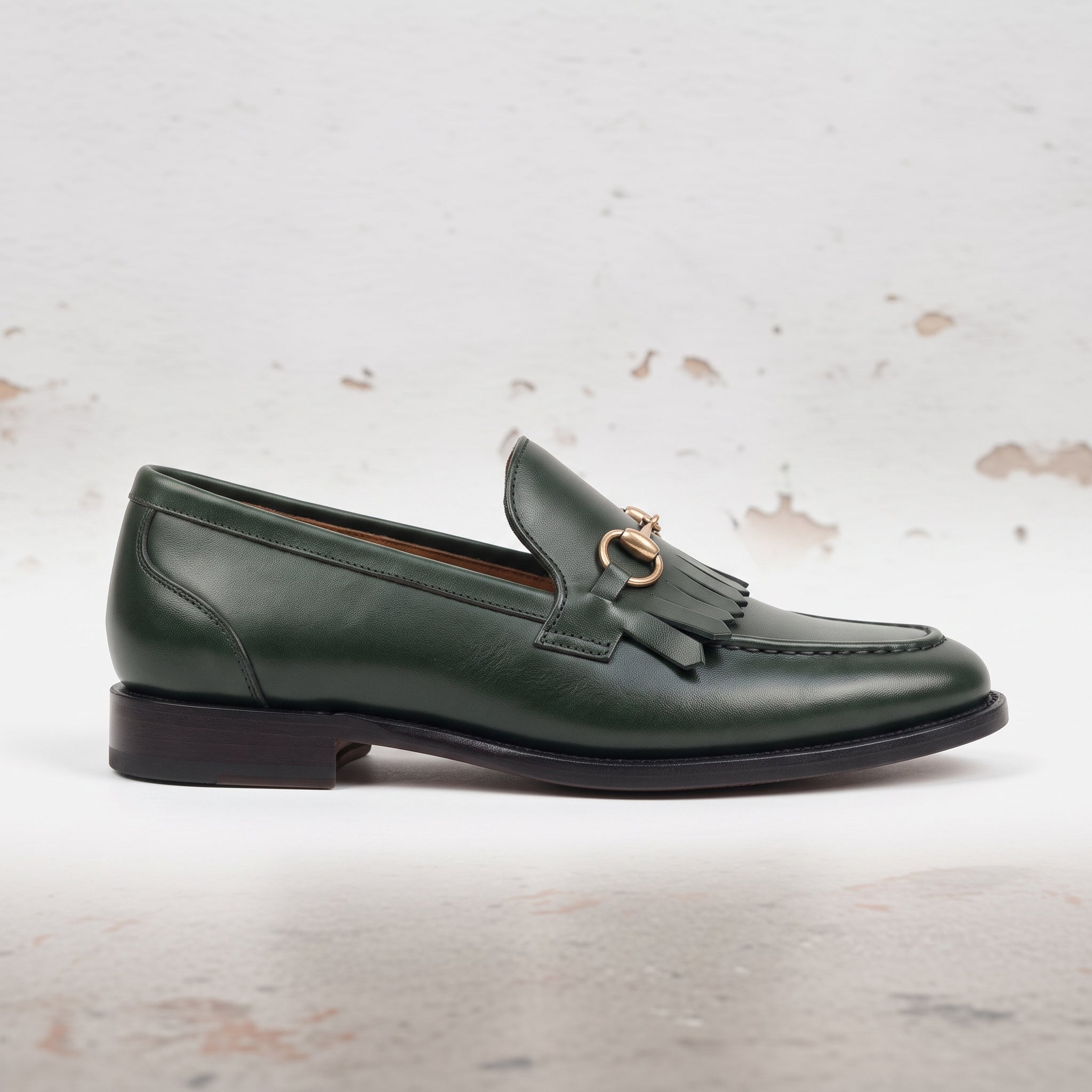 Men's Dark Green Apron-Toe Leather Bit Loafers — Fastolf