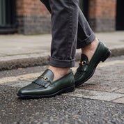 Men's Dark Green Apron-Toe Leather Bit Loafers — Fastolf