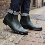 Men's Dark Green Plain-Toe Leather Chelsea Boots — Crowell