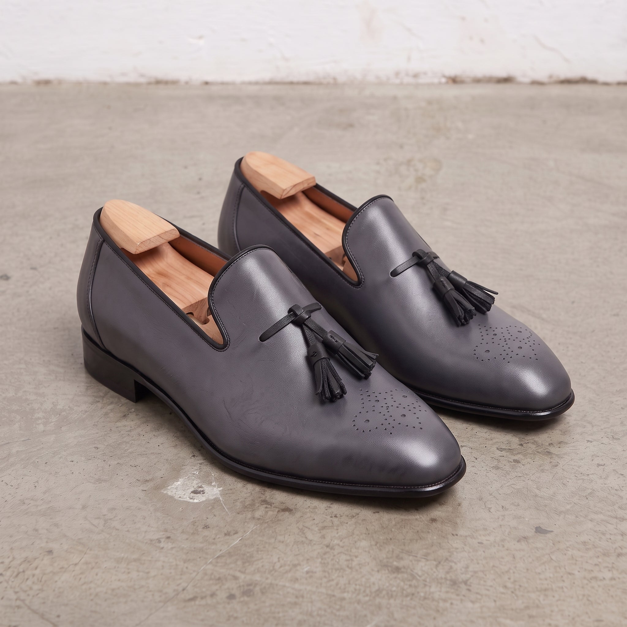 Men's Dark Grey and Black Brogue Leather Tassel Loafers — Faraday