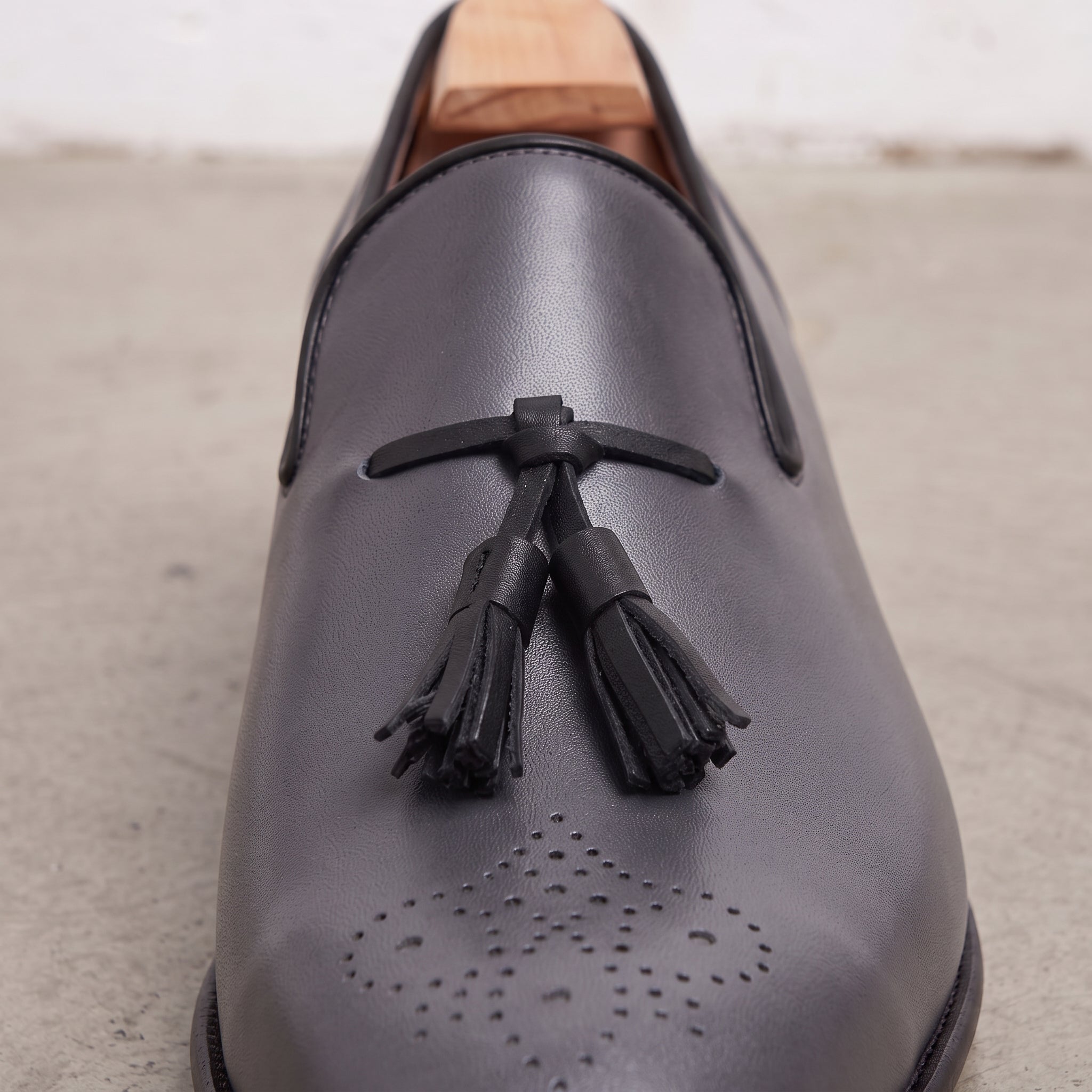 Men's Dark Grey and Black Brogue Leather Tassel Loafers — Faraday