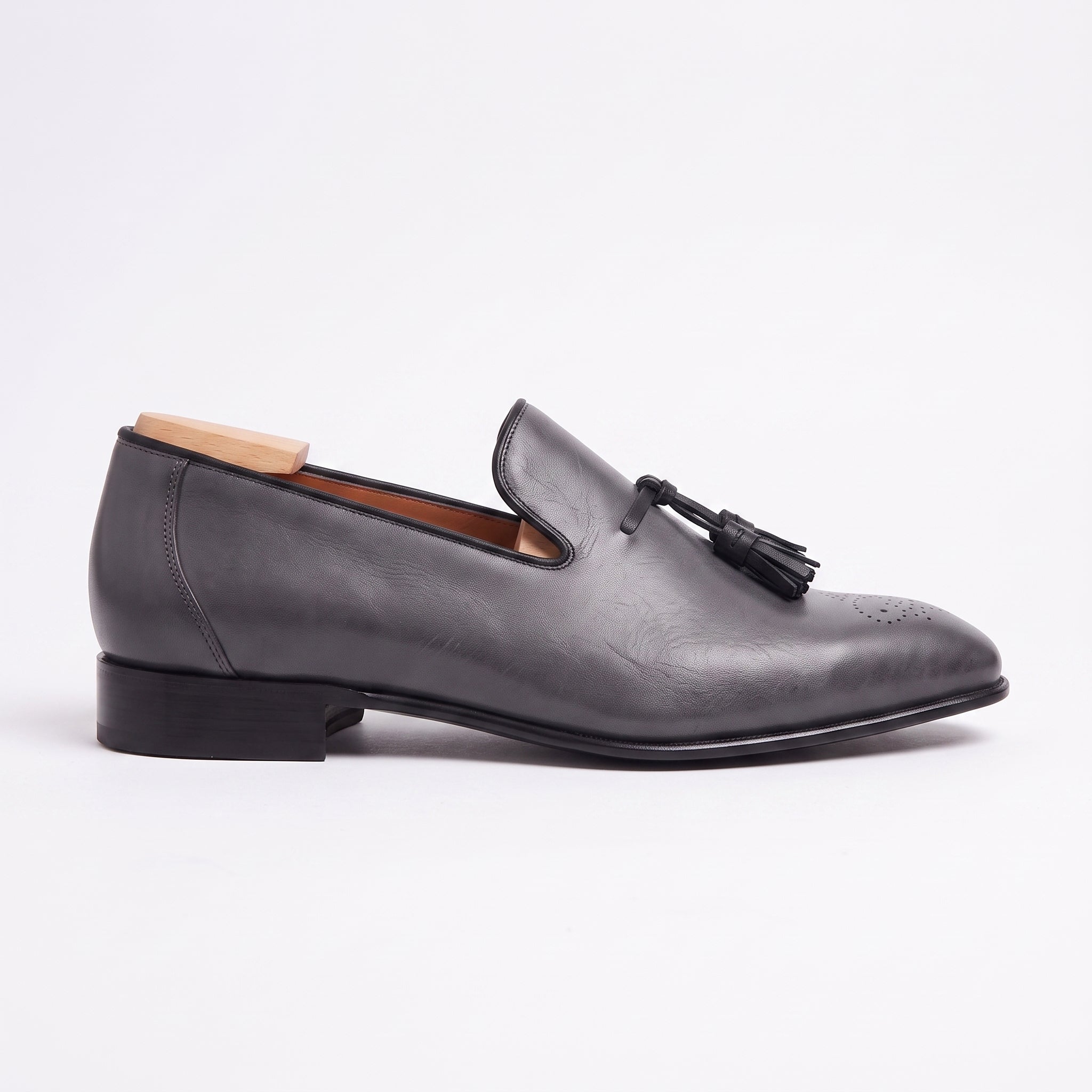 Men's Dark Grey and Black Brogue Leather Tassel Loafers — Faraday