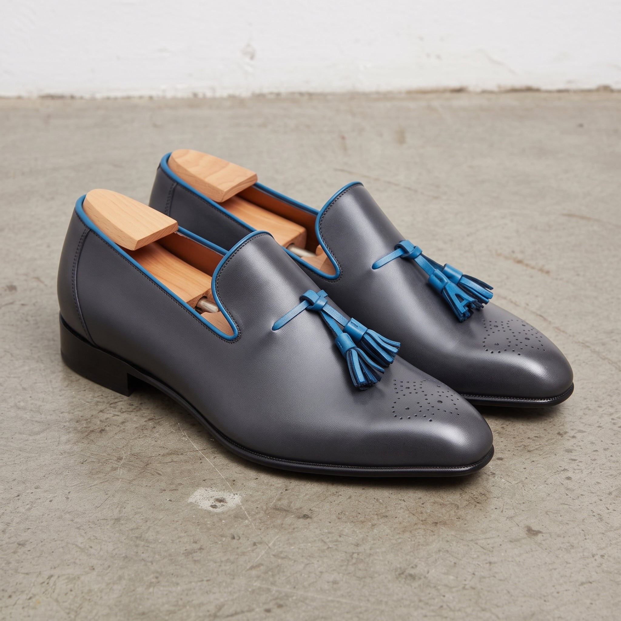 Men's Dark Grey and Blue Plain-Toe Leather Tassel Loafers — Faraday