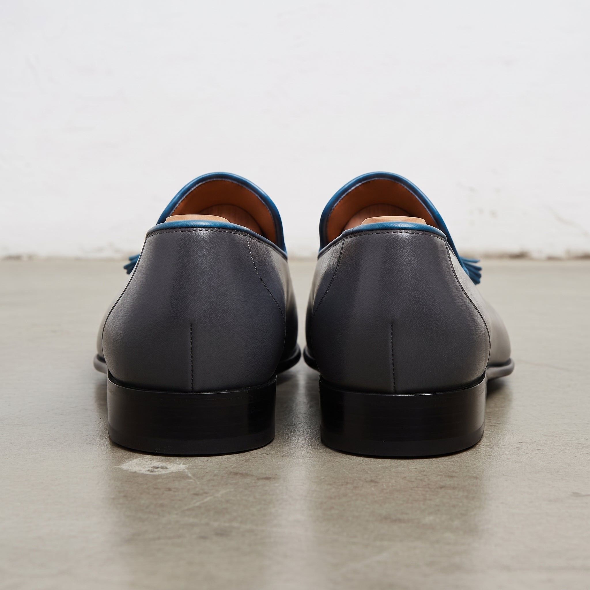 Men's Dark Grey and Blue Plain-Toe Leather Tassel Loafers — Faraday