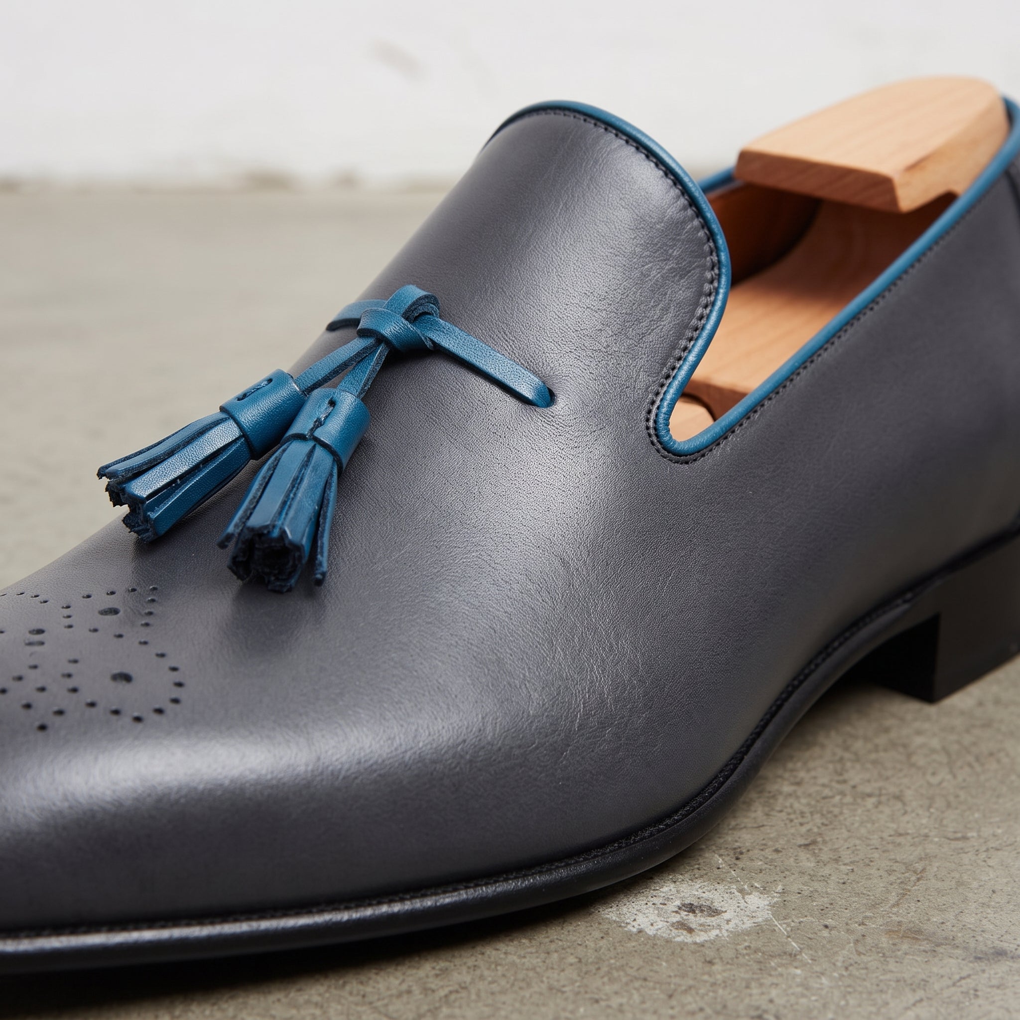Men's Dark Grey and Blue Plain-Toe Leather Tassel Loafers — Faraday