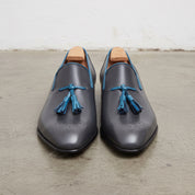 Men's Dark Grey and Blue Plain-Toe Leather Tassel Loafers — Faraday