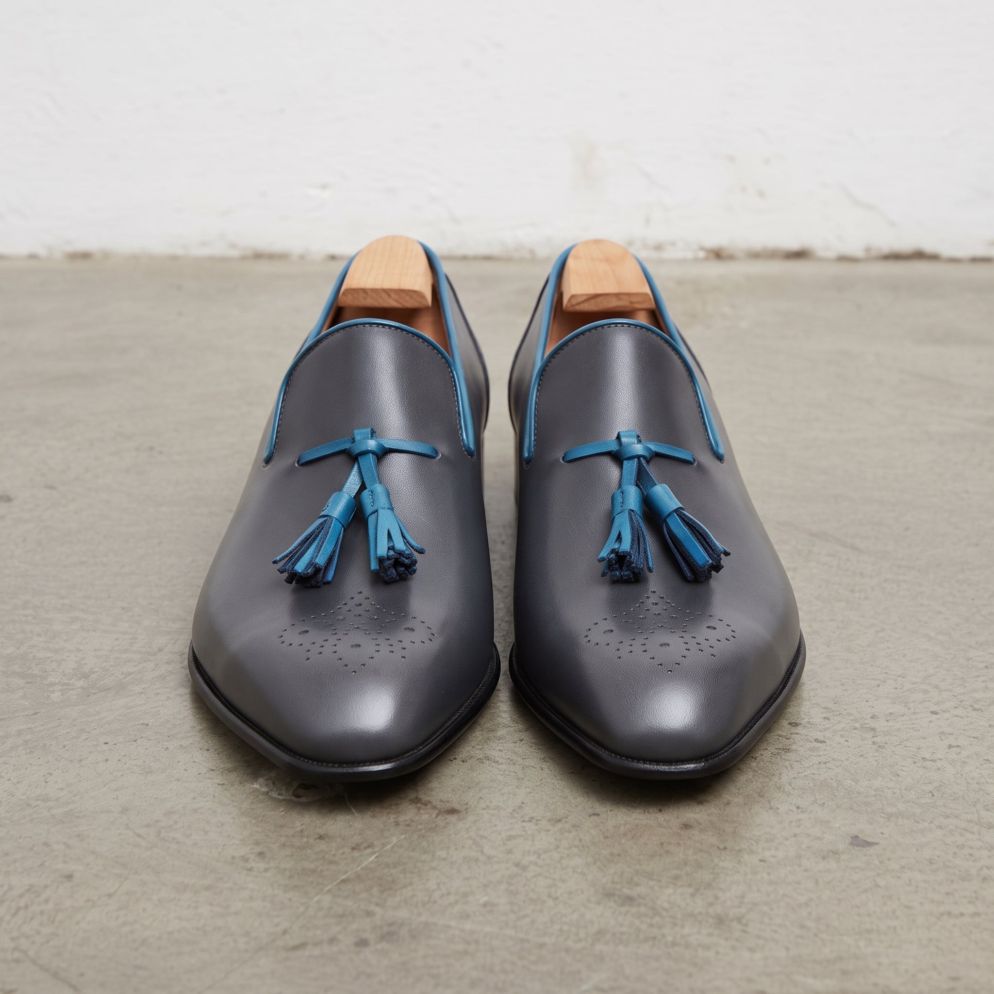 Men's Dark Grey and Blue Plain-Toe Leather Tassel Loafers — Faraday