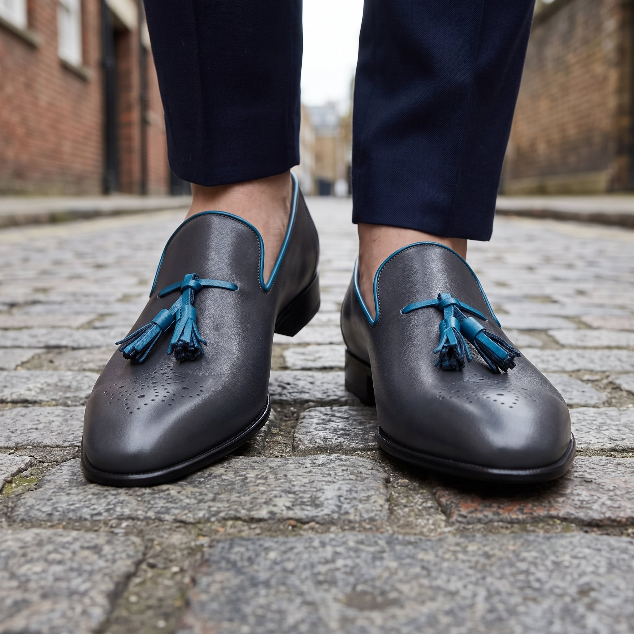 Men's Dark Grey and Blue Plain-Toe Leather Tassel Loafers — Faraday