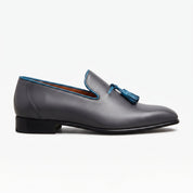 Men's Dark Grey and Blue Plain-Toe Leather Tassel Loafers — Faraday