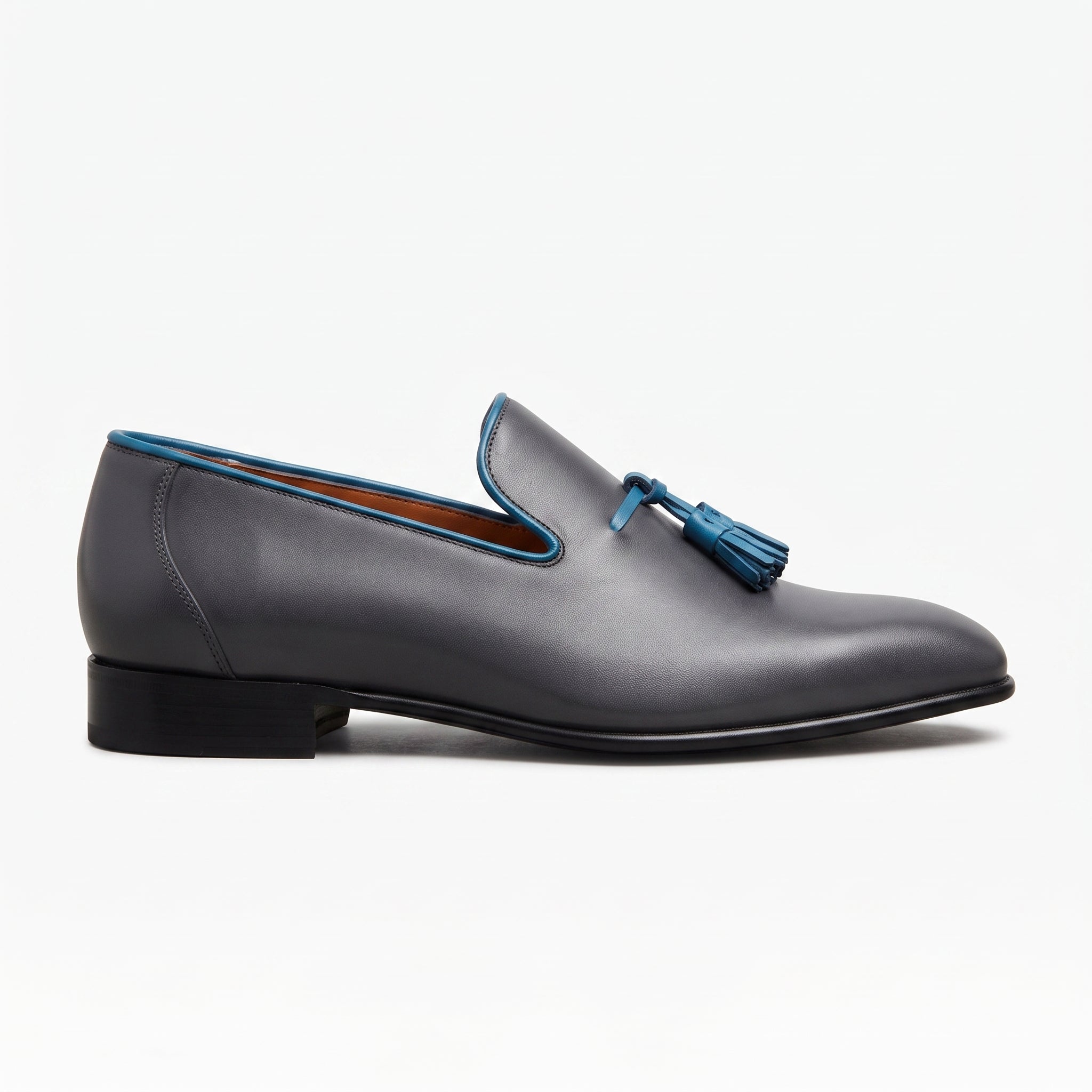 Men's Dark Grey and Blue Plain-Toe Leather Tassel Loafers — Faraday