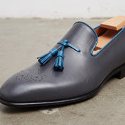 Men's Dark Grey and Blue Plain-Toe Leather Tassel Loafers — Wotton