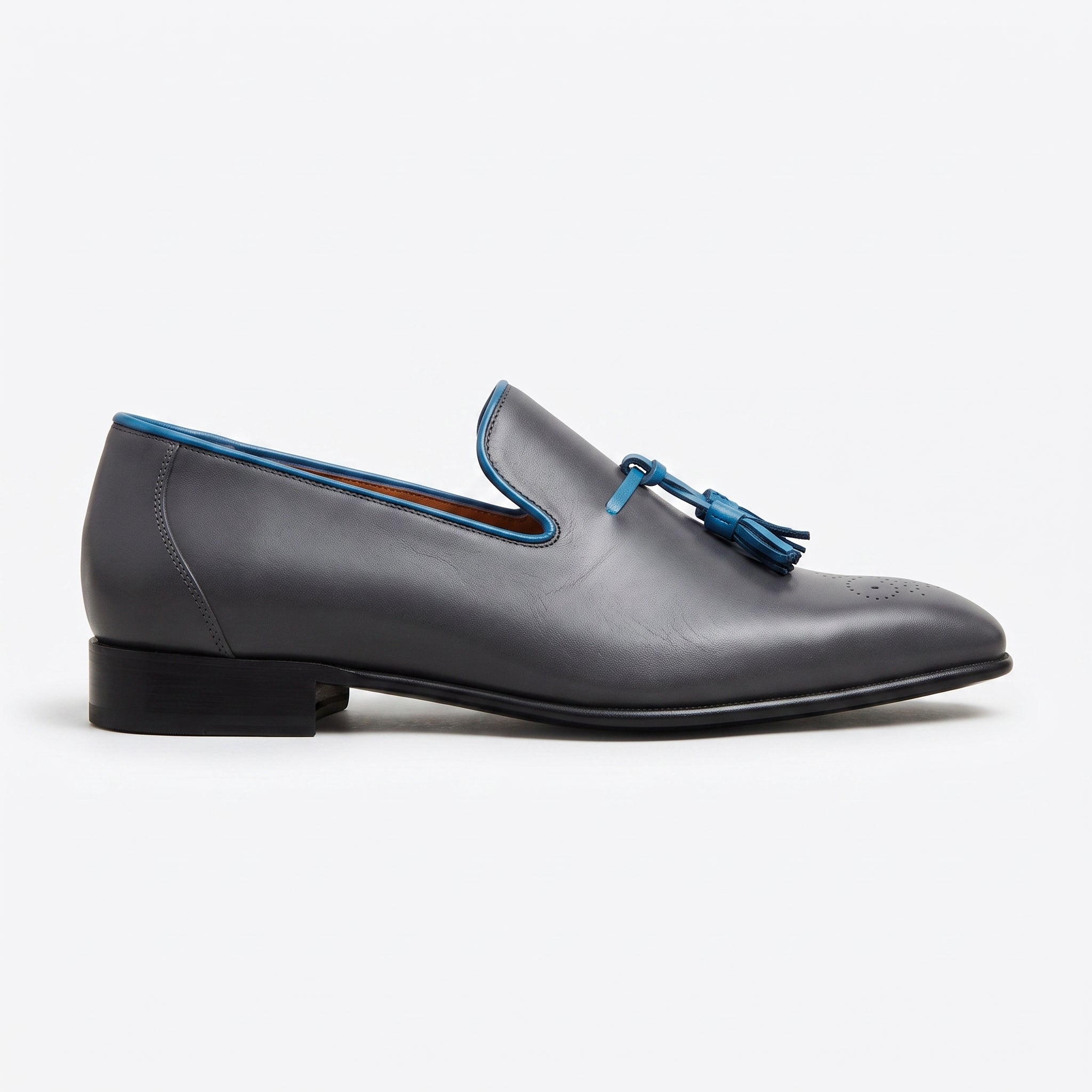 Men's Dark Grey and Blue Plain-Toe Leather Tassel Loafers — Wotton