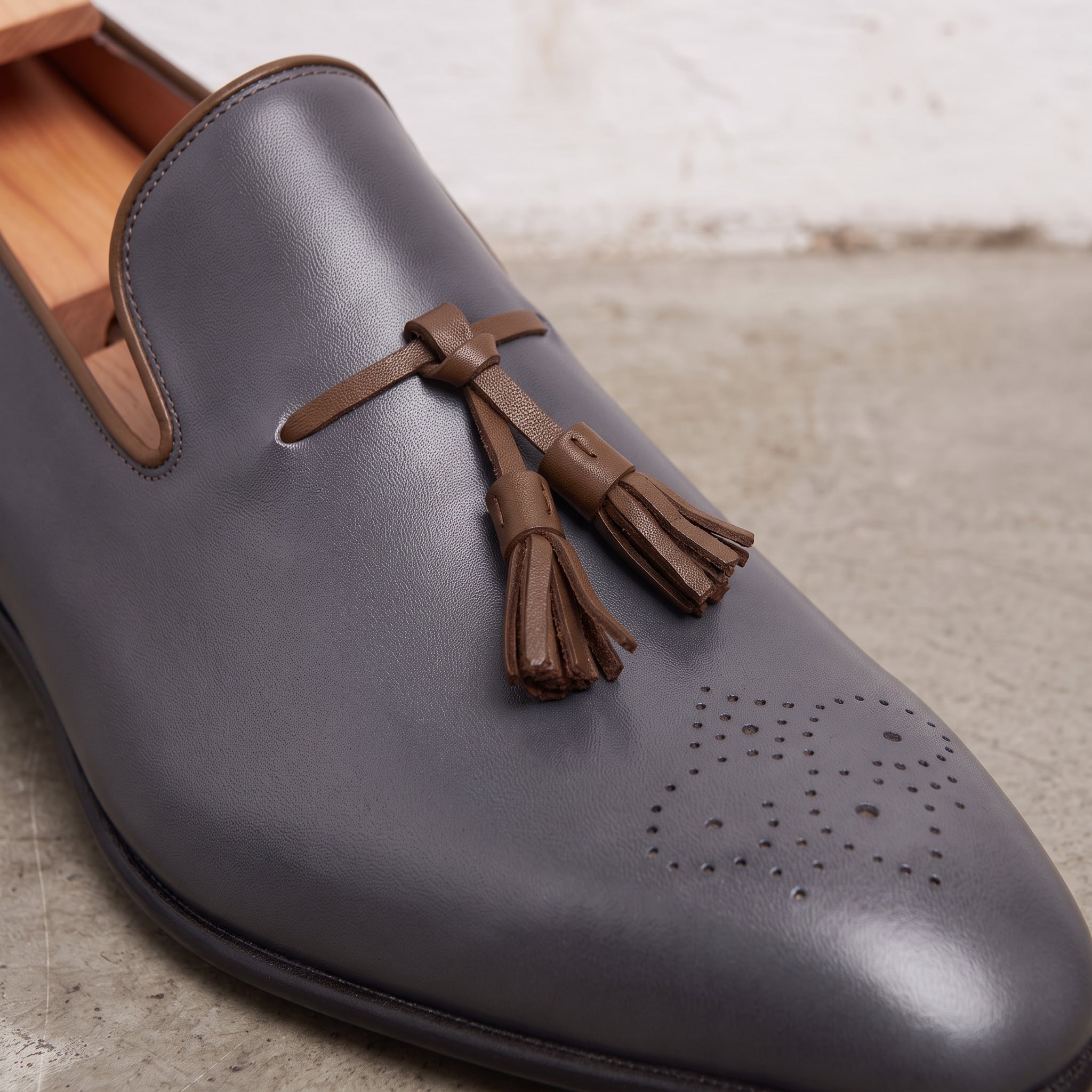 Men's Dark Grey and Brown Brogue Leather Tassel Loafers — Faraday