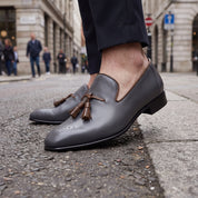 Men's Dark Grey and Brown Brogue Leather Tassel Loafers — Faraday