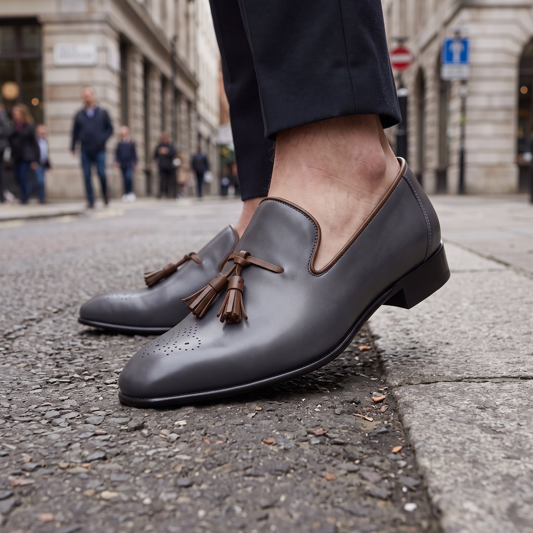 Men's Dark Grey and Brown Brogue Leather Tassel Loafers — Faraday