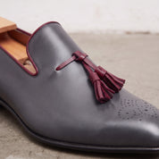Men's Dark Grey and Burgundy Brogue Leather Tassel Loafers — Faraday