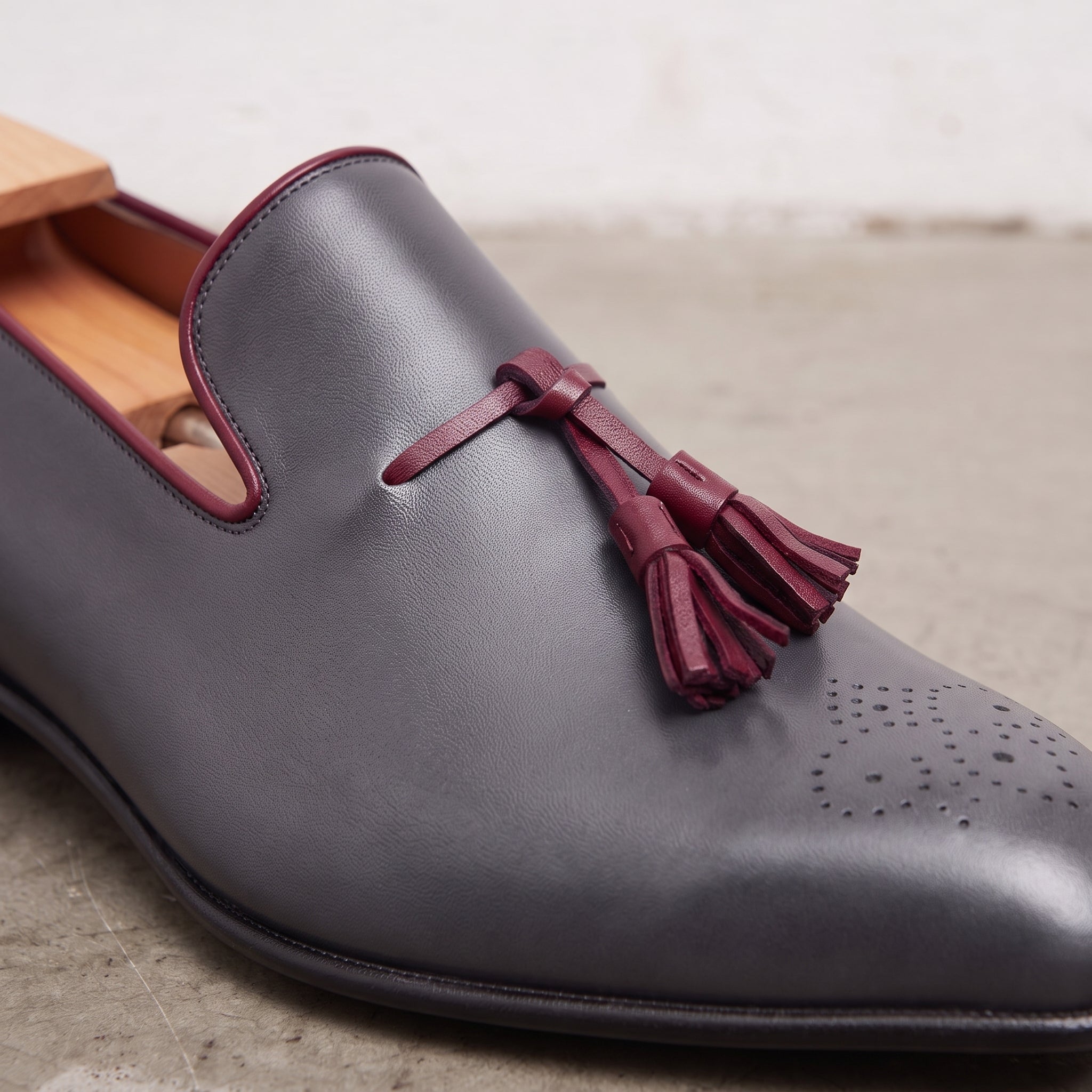 Men's Dark Grey and Burgundy Brogue Leather Tassel Loafers — Faraday