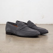 Men's Dark Grey Suede Apron-Toe Penny Loafers — Armley