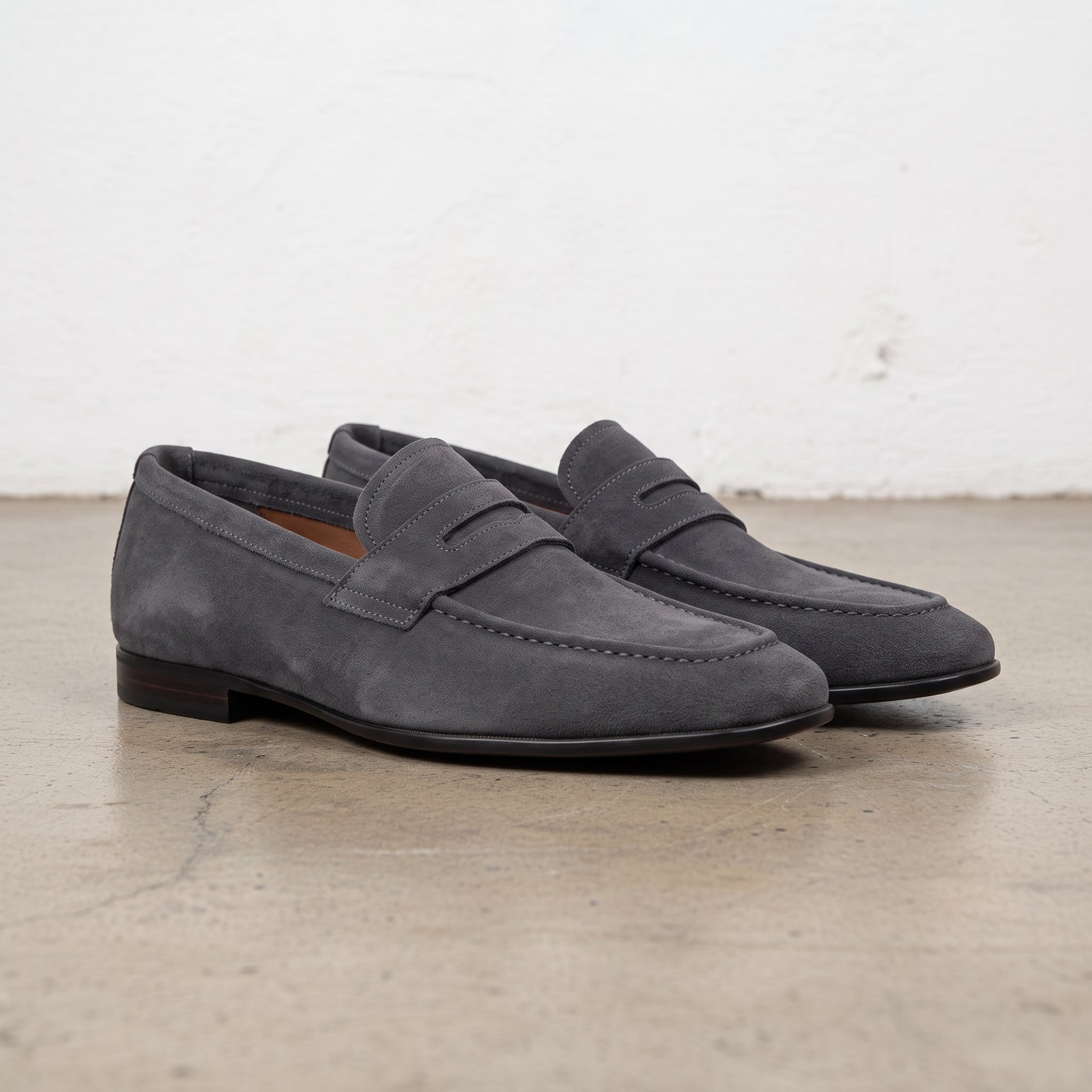 Men's Dark Grey Suede Apron-Toe Penny Loafers — Armley