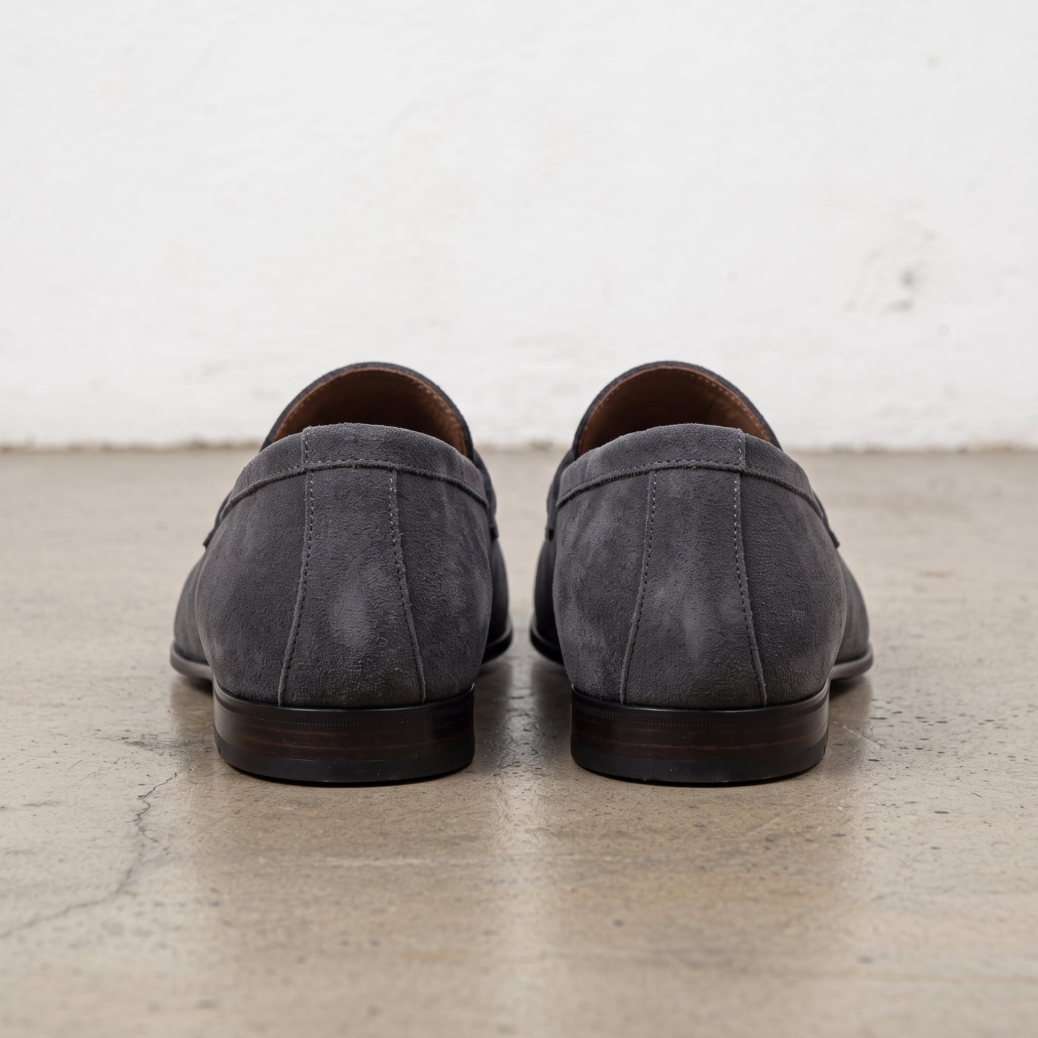 Men's Dark Grey Suede Apron-Toe Penny Loafers — Armley