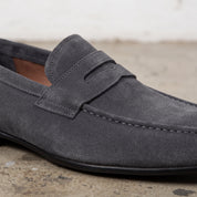 Men's Dark Grey Suede Apron-Toe Penny Loafers — Armley