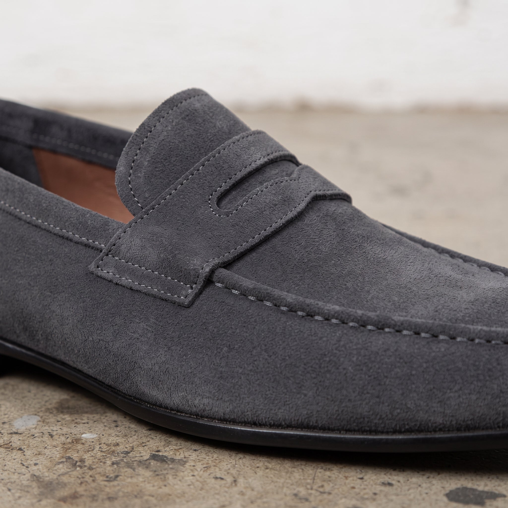 Men's Dark Grey Suede Apron-Toe Penny Loafers — Armley
