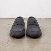 Men's Dark Grey Suede Apron-Toe Penny Loafers — Armley