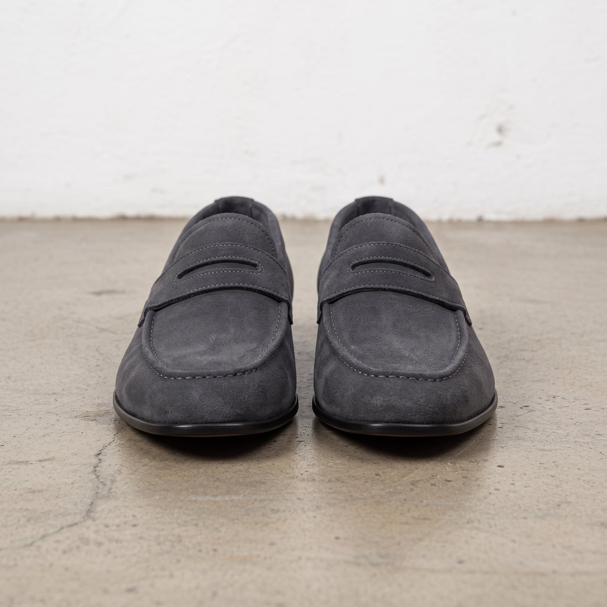 Men's Dark Grey Suede Apron-Toe Penny Loafers — Armley